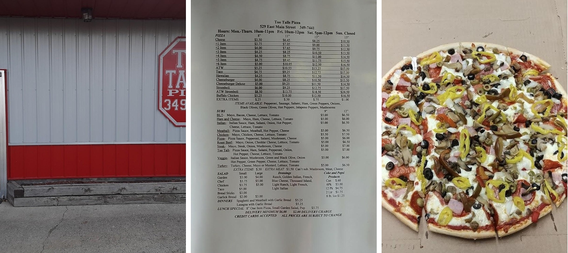 Too Talls Pizza Menu