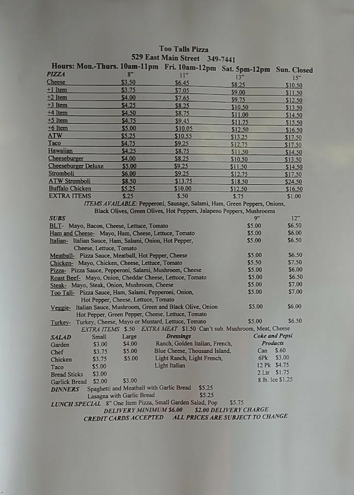 Too Talls Pizza Menu image 1