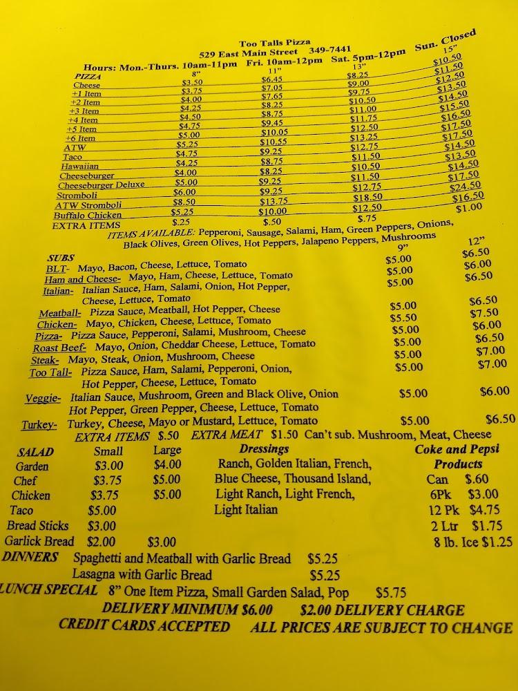 Too Talls Pizza Menu image 2
